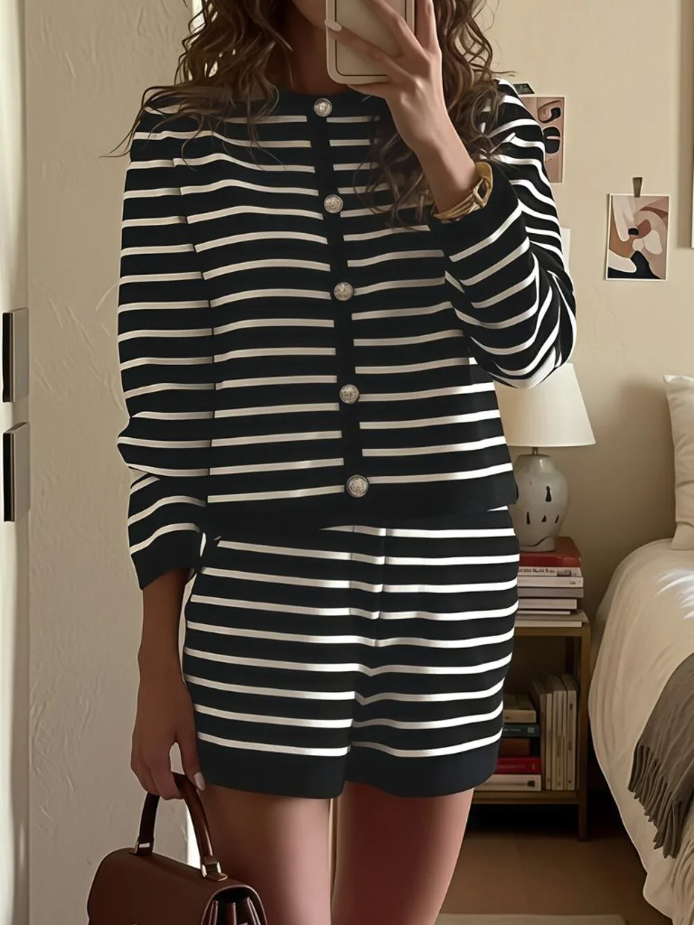 Black Elegant Women's Striped Blend Tweed Jacket & Knit Shorts 2-Piece Set